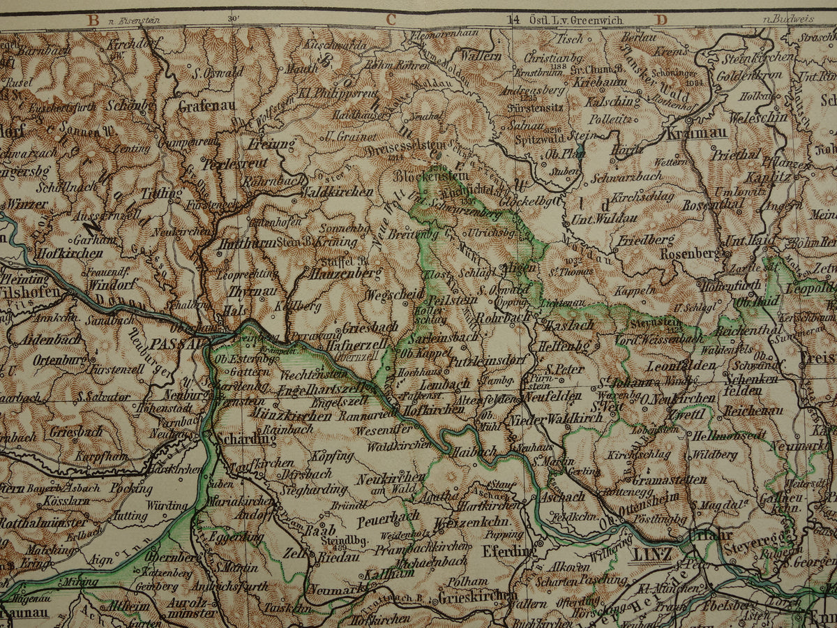 Austria old map original antique map from 1906 Linz Salzburg Ried vintage maps