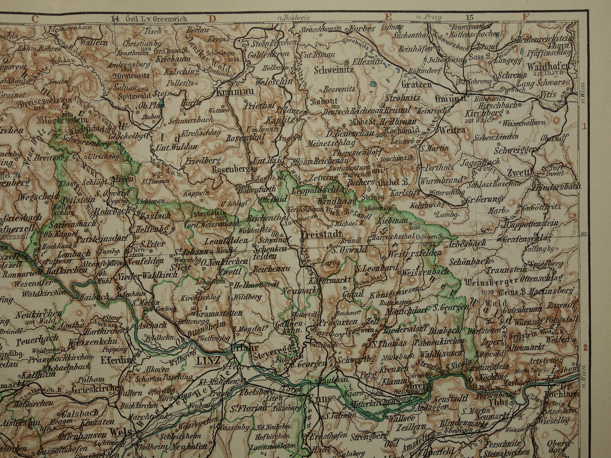 Austria old map original antique map from 1906 Linz Salzburg Ried vintage maps