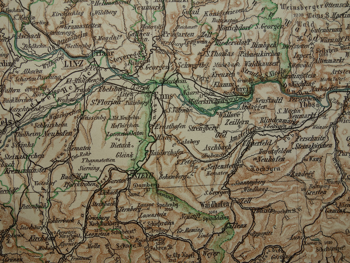 Austria old map original antique map from 1906 Linz Salzburg Ried vintage maps