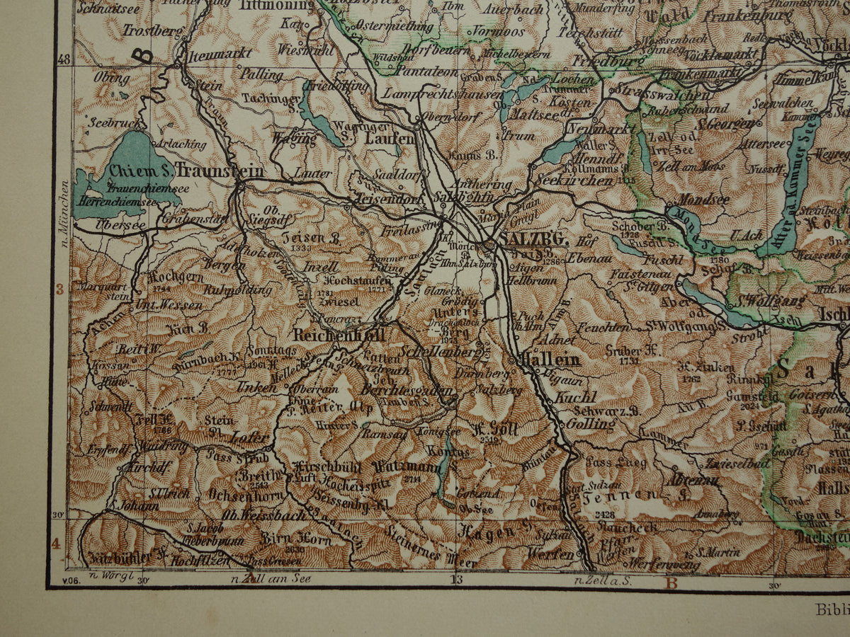 Austria old map original antique map from 1906 Linz Salzburg Ried vintage maps