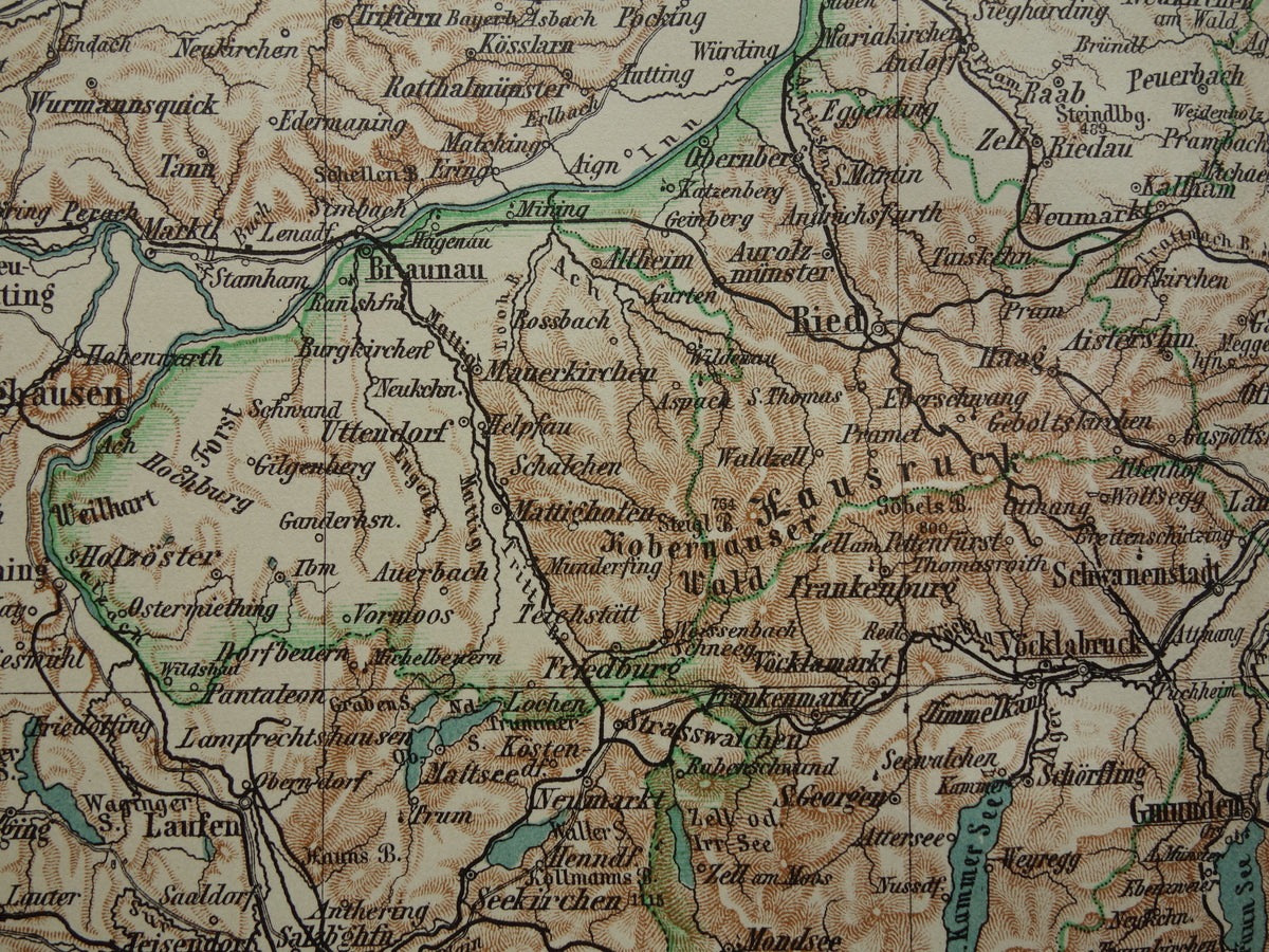 Austria old map original antique map from 1906 Linz Salzburg Ried vintage maps