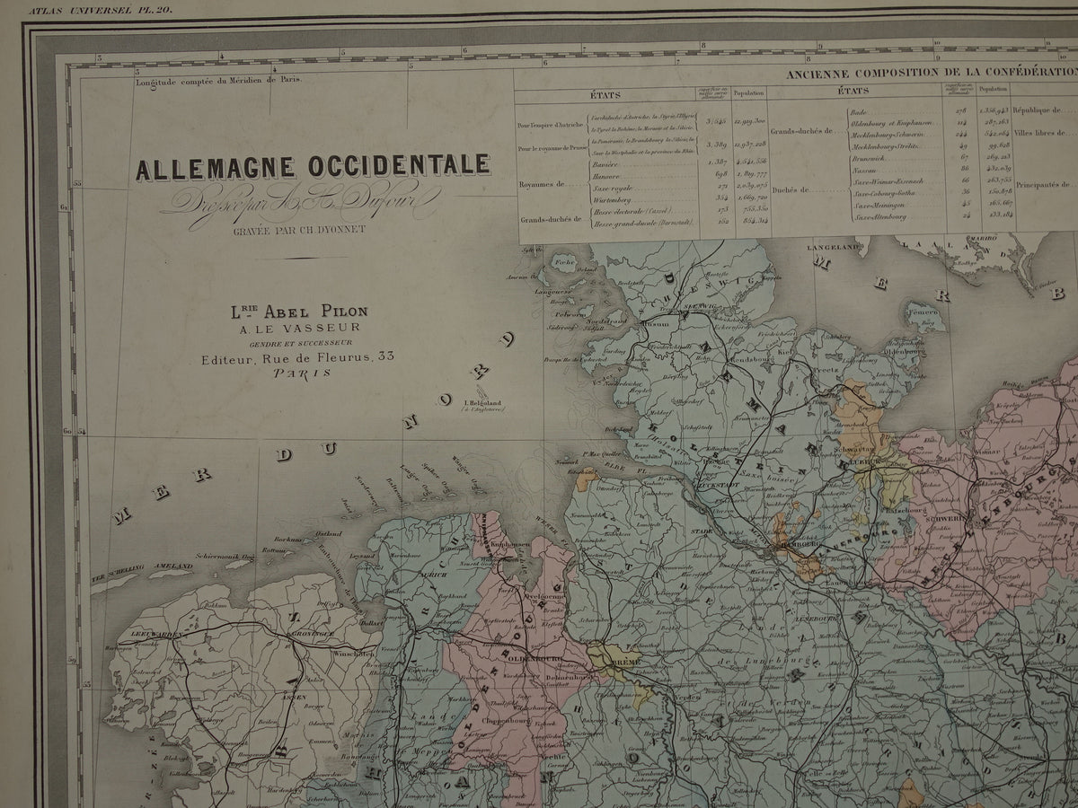 Oude kaart van DUITSLAND Grote landkaart uit 1880 originele antieke handgekleurde kaarten