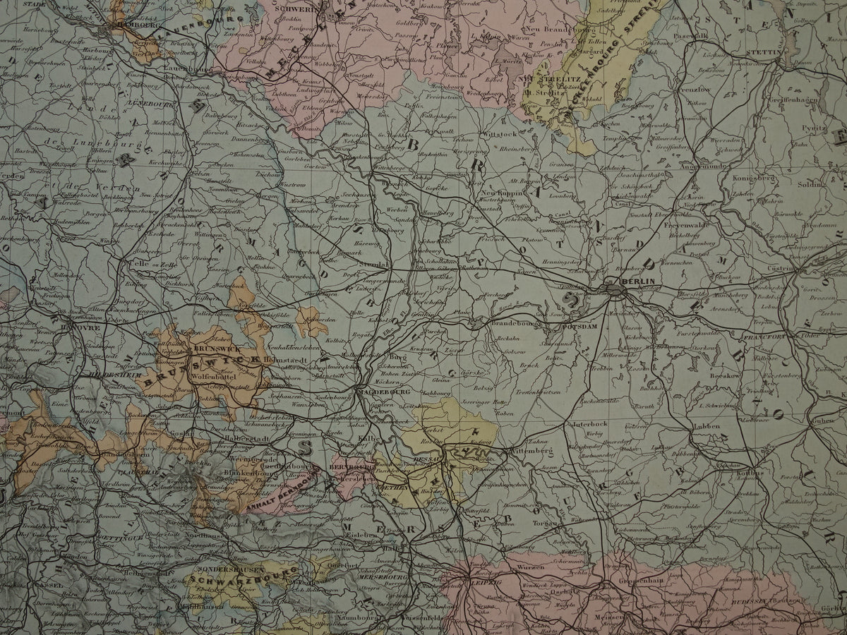 Oude kaart van DUITSLAND Grote landkaart uit 1880 originele antieke handgekleurde kaarten