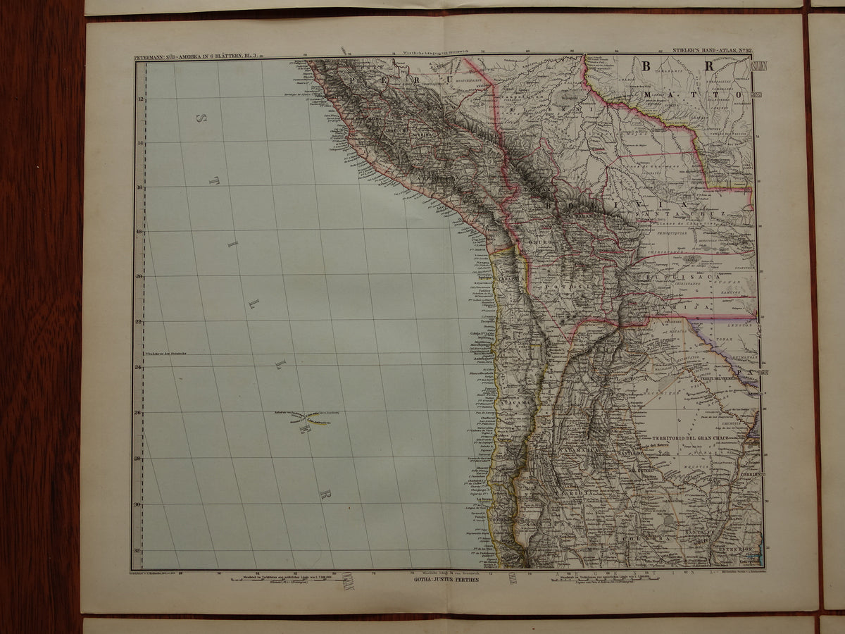 ZUID-AMERIKA Grote oude kaart uit 1885 van continent - originele antieke landkaart met jaartal - historische kaarten van Zuid-Amerika XL