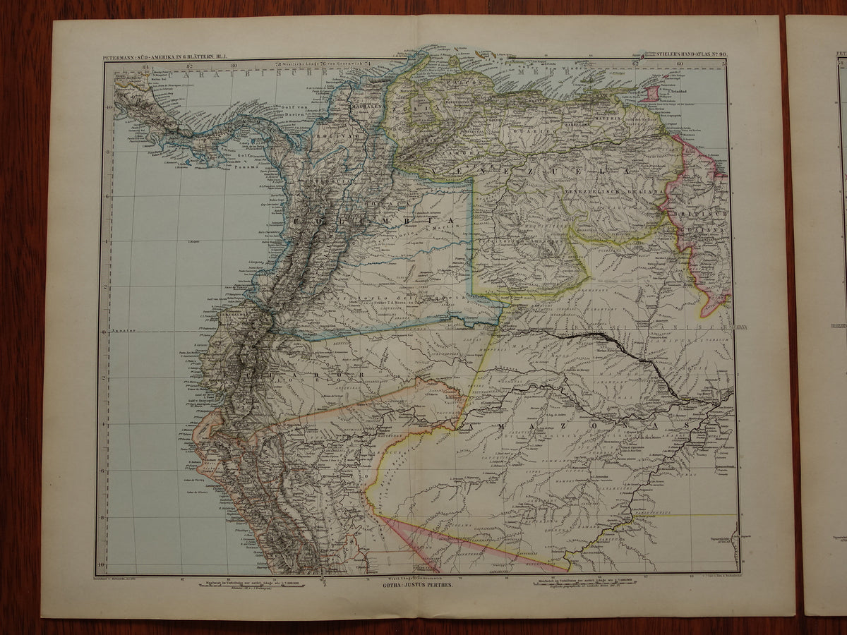 ZUID-AMERIKA Grote oude kaart uit 1885 van continent - originele antieke landkaart met jaartal - historische kaarten van Zuid-Amerika XL