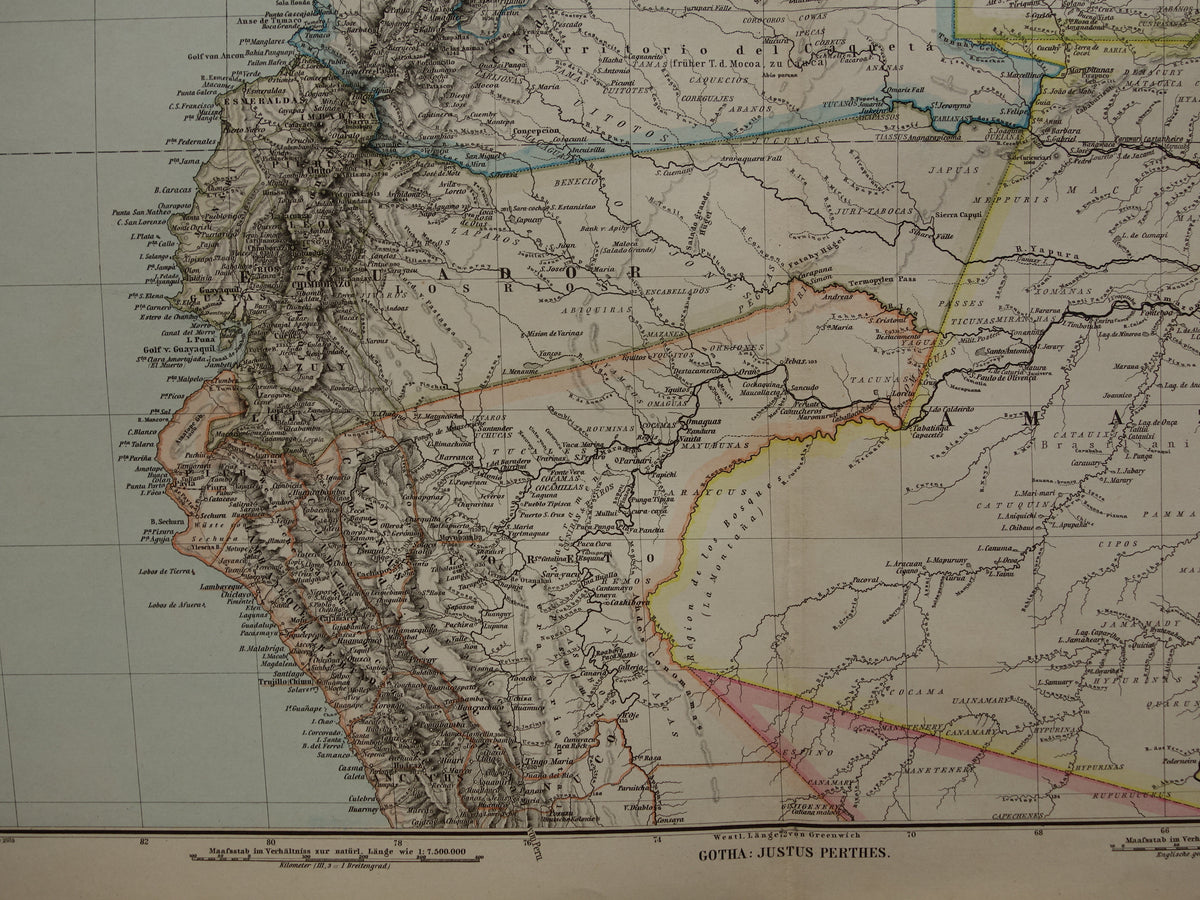 ZUID-AMERIKA Grote oude kaart uit 1885 van continent - originele antieke landkaart met jaartal - historische kaarten van Zuid-Amerika XL