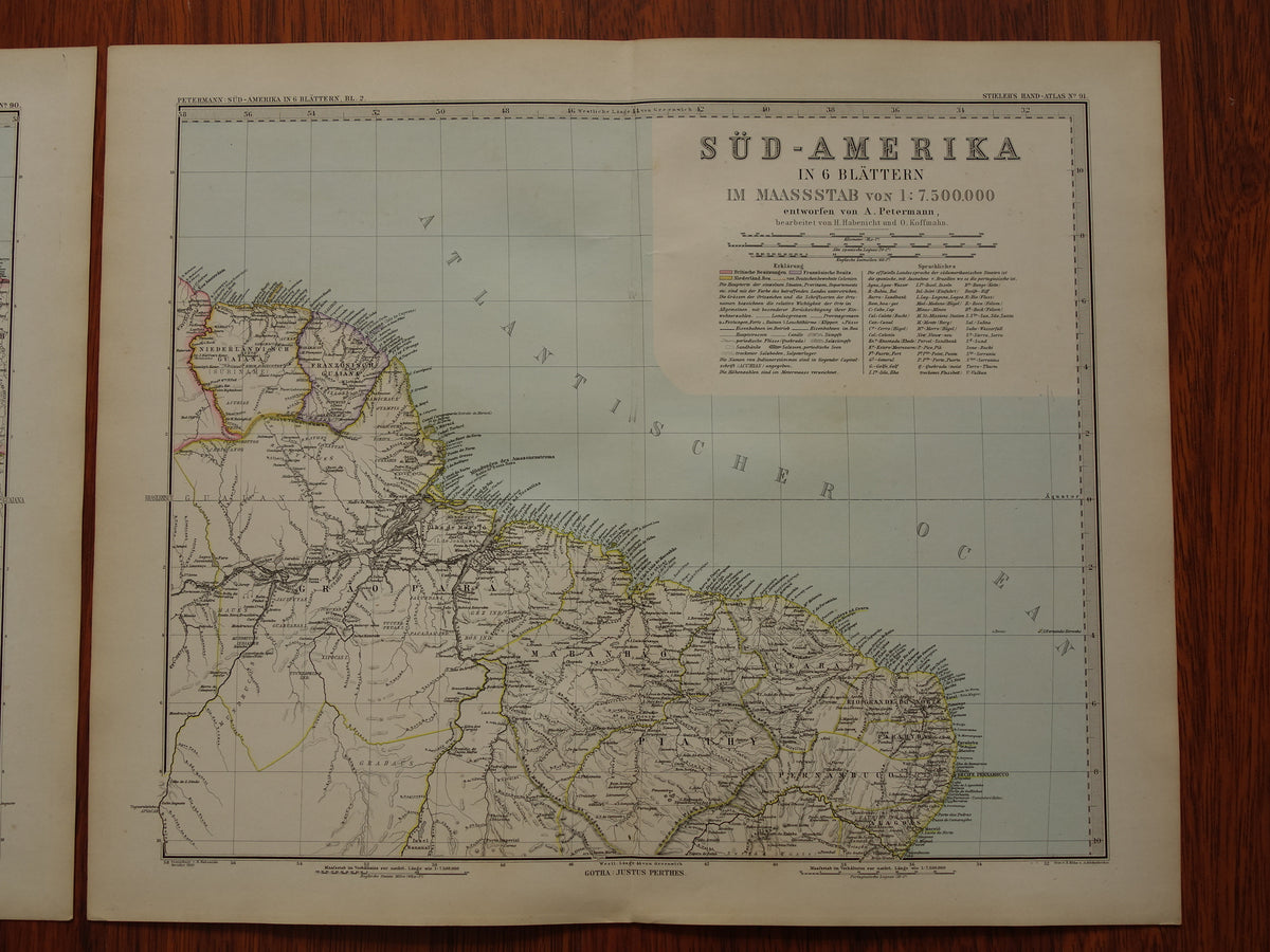 ZUID-AMERIKA Grote oude kaart uit 1885 van continent - originele antieke landkaart met jaartal - historische kaarten van Zuid-Amerika XL