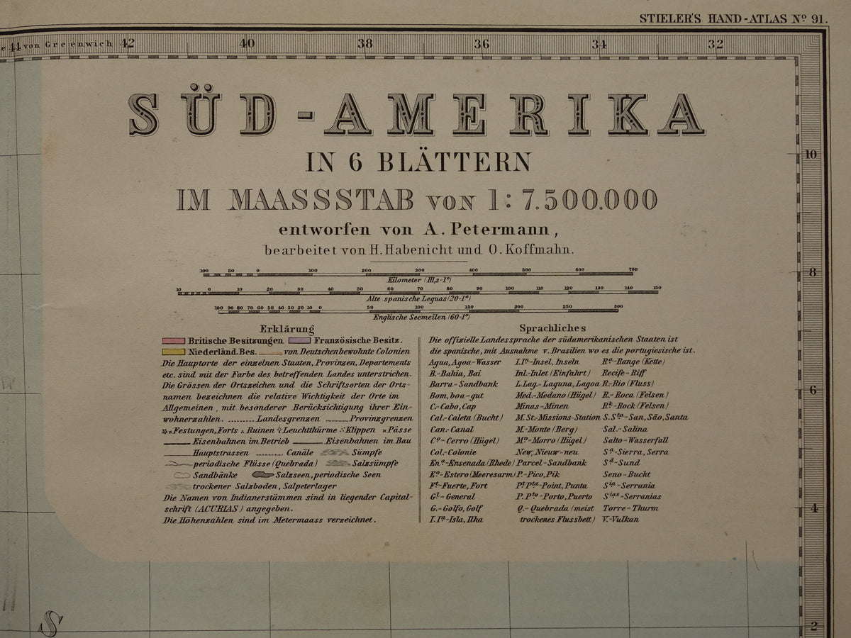 ZUID-AMERIKA Grote oude kaart uit 1885 van continent - originele antieke landkaart met jaartal - historische kaarten van Zuid-Amerika XL
