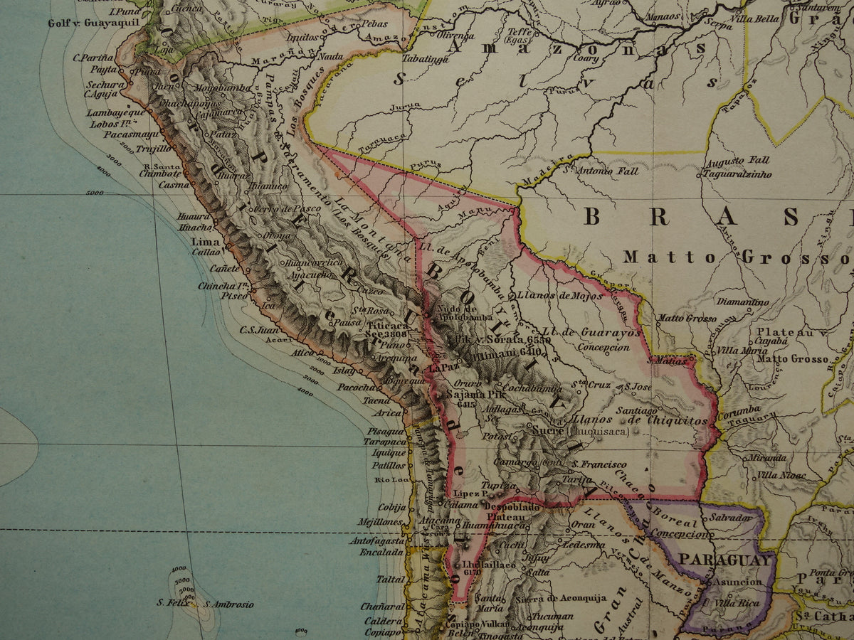 SOUTH AMERICA vintage map from 1885 of continent Original old antique map with date - historical maps of South America