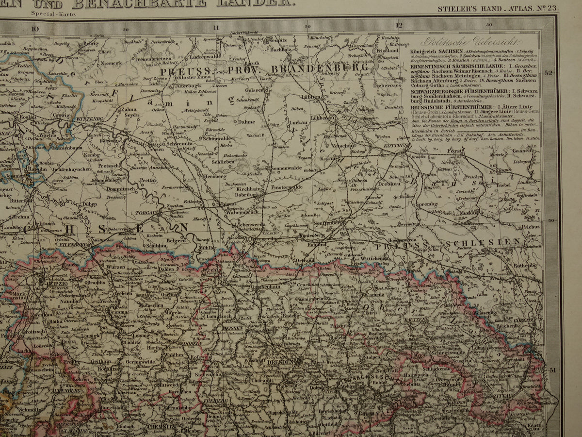 DUITSLAND oude landkaart van Saksen en Thüringen uit 1885 Originele antieke kaart met jaartal - historische kaarten Leipzig Dresden
