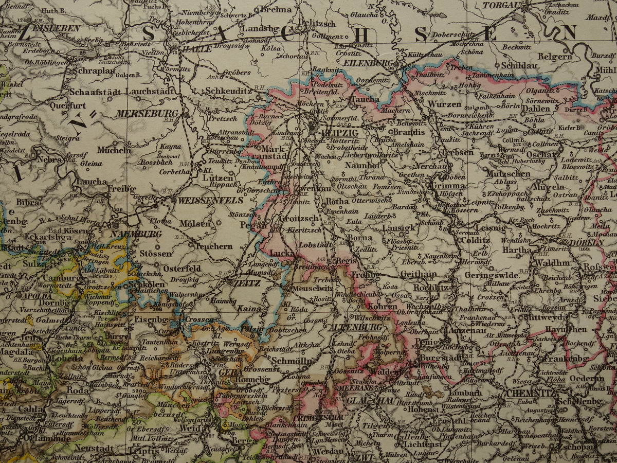 DUITSLAND oude landkaart van Saksen en Thüringen uit 1885 Originele antieke kaart met jaartal - historische kaarten Leipzig Dresden