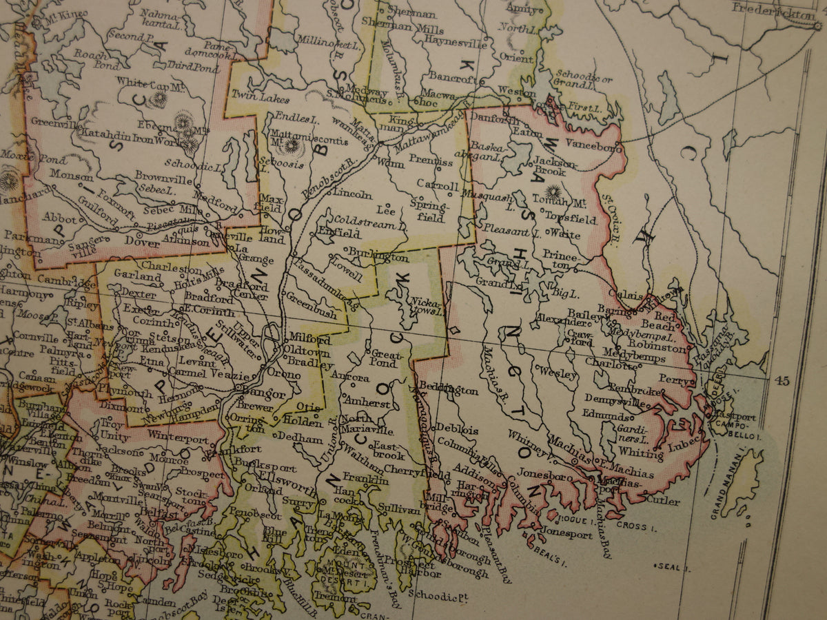 MAINE Old map of the state of Maine1883 original antique map Portland Augusta Lewiston vintage maps of United States