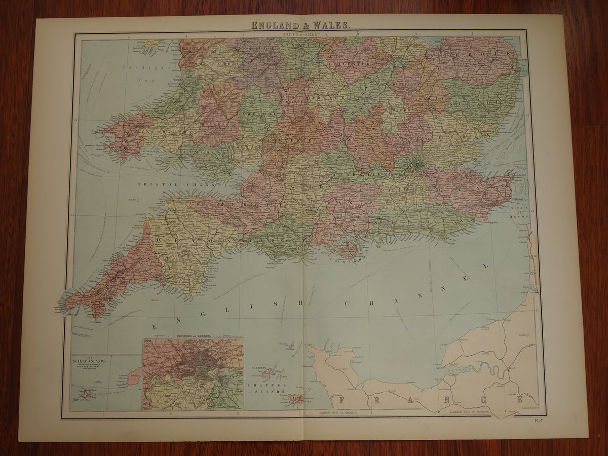 ENGELAND Vintage kaart van zuid-Engeland en Wales Scilly eilanden 1875 originele oude antieke grote landkaart