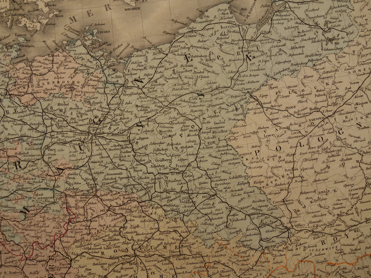 Map of Central Europe in 1876 original antique hand colored old map poster of Germany, Poland, Austria and Czech Republic