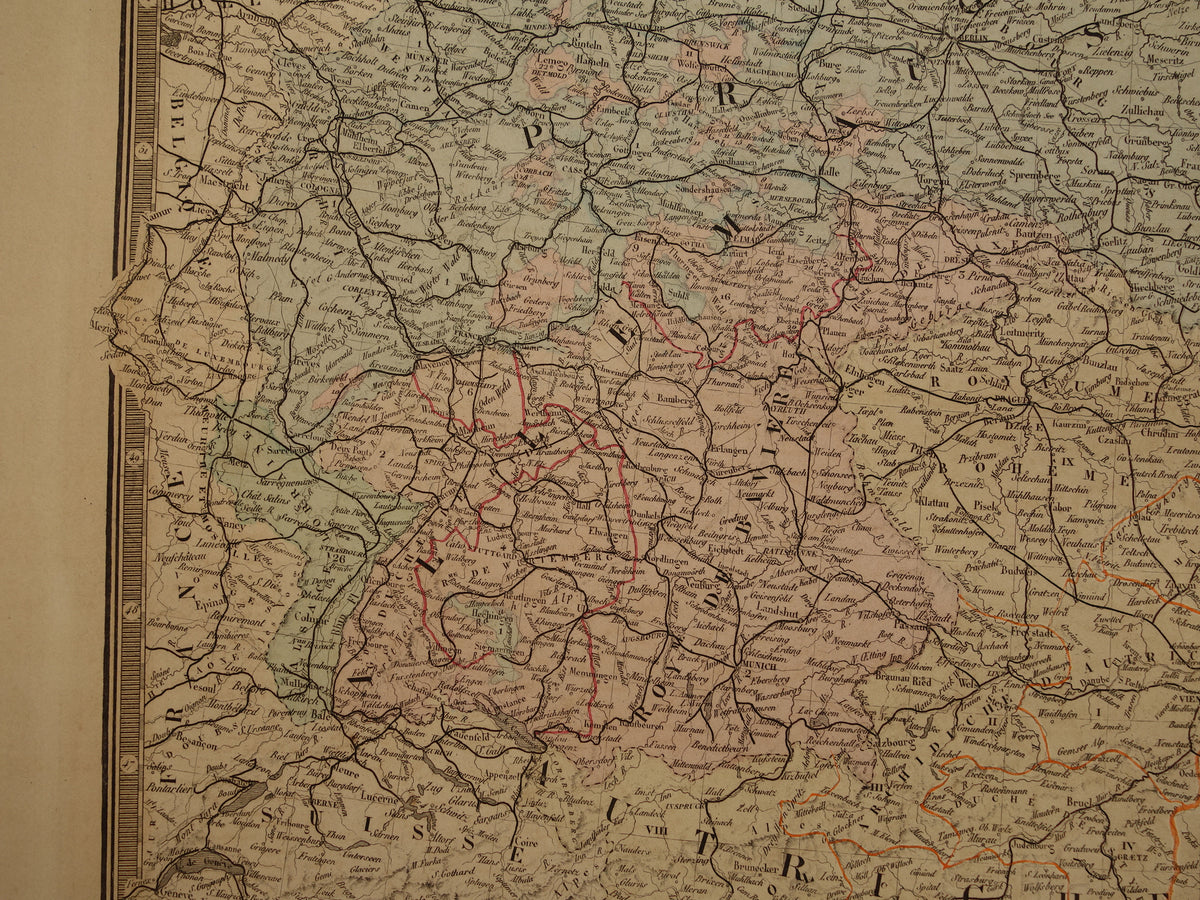 Map of Central Europe in 1876 original antique hand colored old map poster of Germany, Poland, Austria and Czech Republic