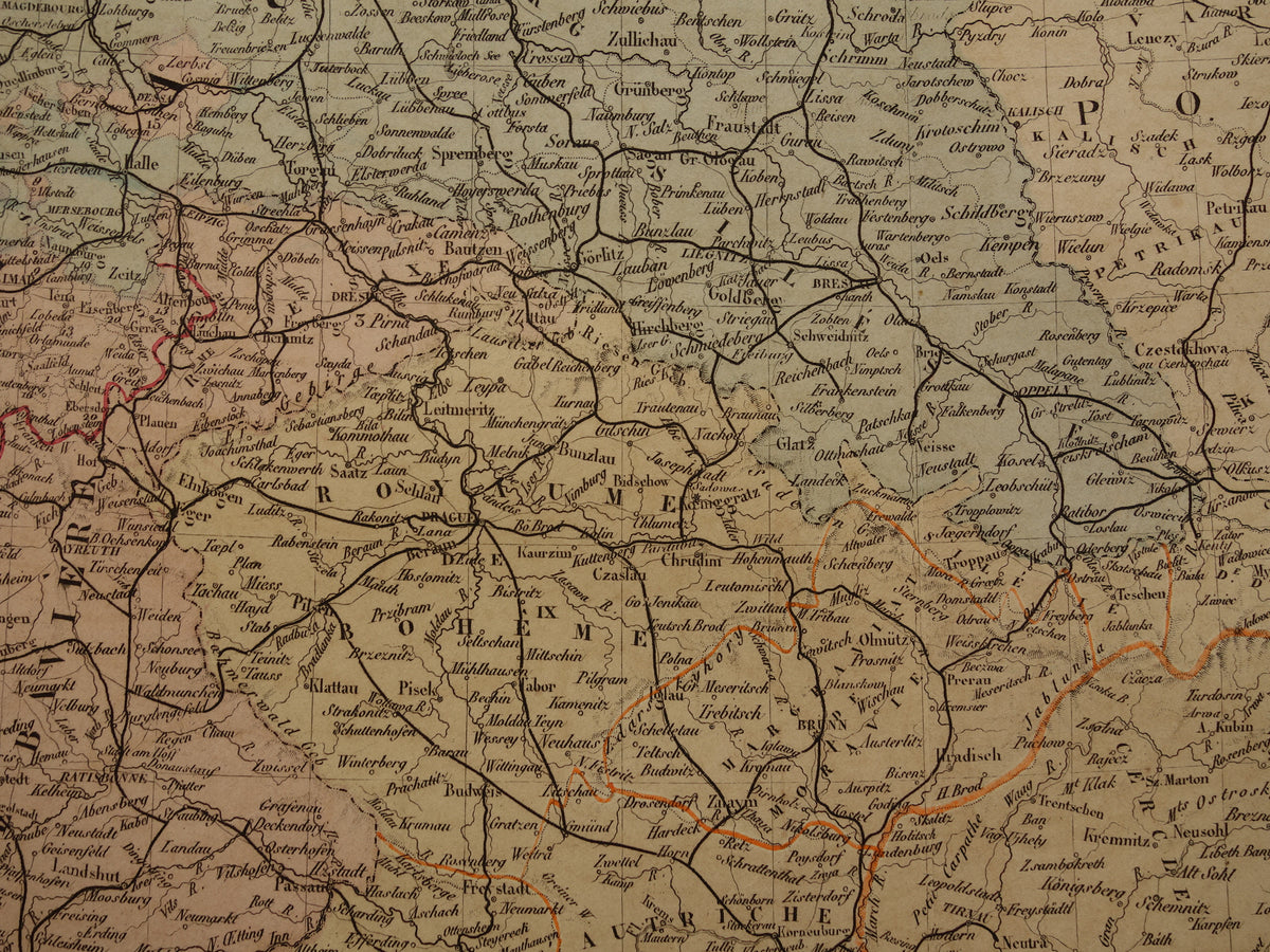 Map of Central Europe in 1876 original antique hand colored old map poster of Germany, Poland, Austria and Czech Republic