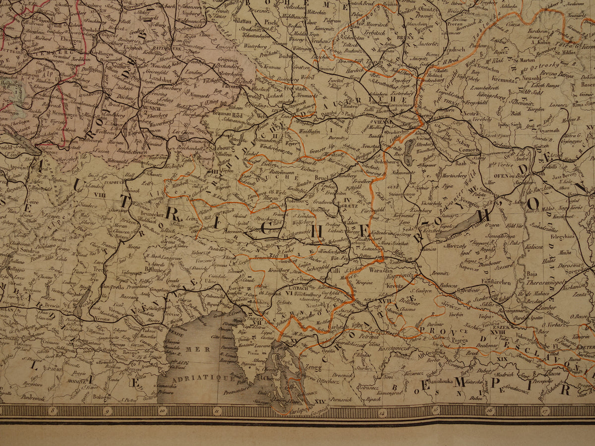 Map of Central Europe in 1876 original antique hand colored old map poster of Germany, Poland, Austria and Czech Republic