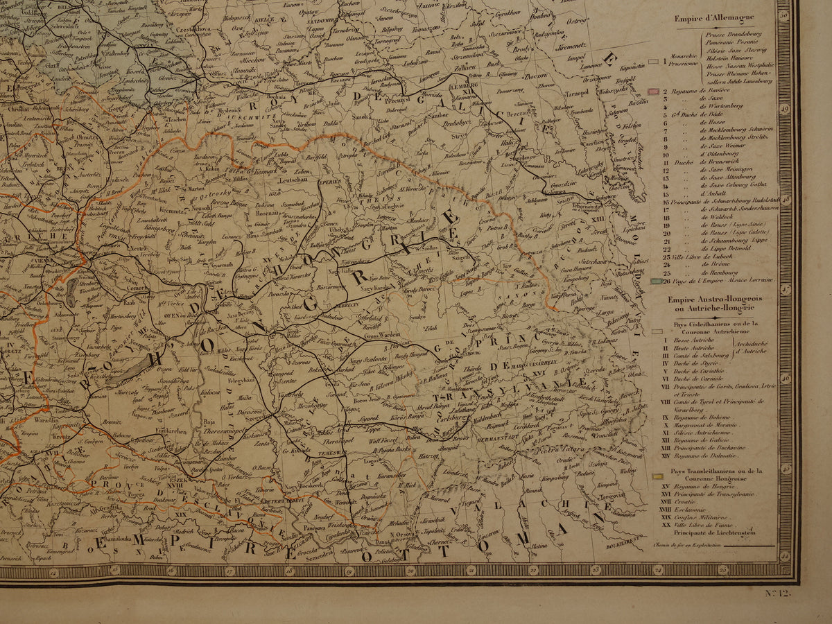 Map of Central Europe in 1876 original antique hand colored old map poster of Germany, Poland, Austria and Czech Republic