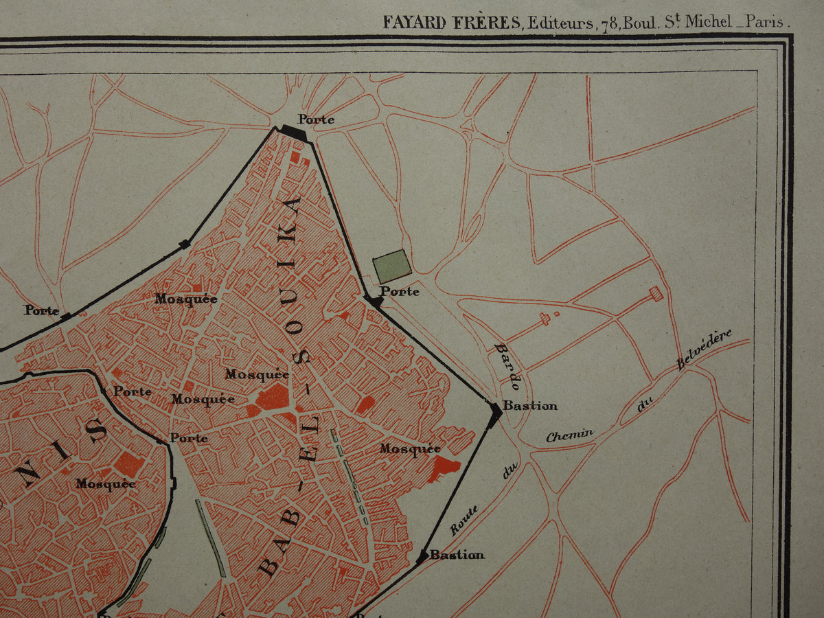 TUNIS oude kaart van Tunis Tunesië 1896 originele antieke Franse plattegrond van Tunis