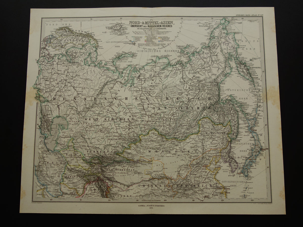 RUSLAND oude kaart van Russische Rijk Gedetailleerde antieke landkaart Europees en Aziatisch Rusland met jaartal - vintage poster Siberië 1875