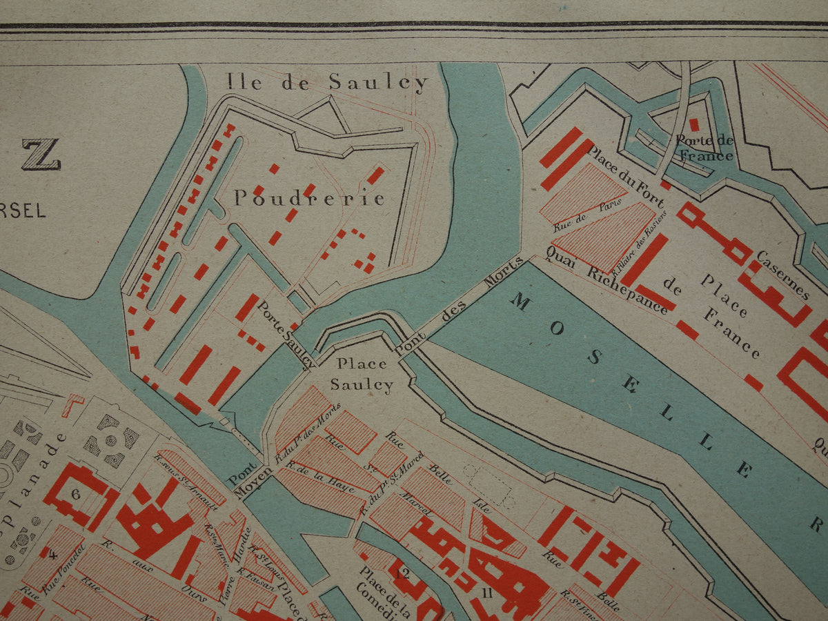 METZ oude kaart van Metz Frankrijk uit 1879 originele antieke Franse plattegrond