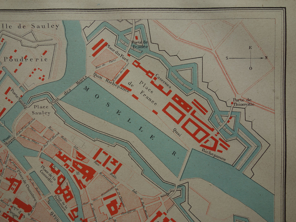 METZ oude kaart van Metz Frankrijk uit 1879 originele antieke Franse plattegrond