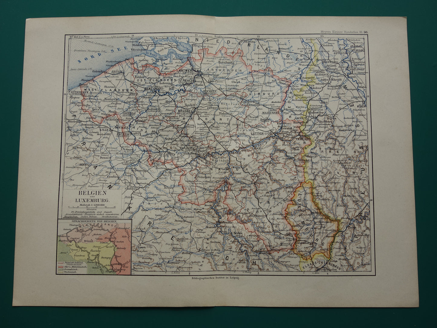 BELGIUM old map of Belgium 1893 original antique German detailed map language border
