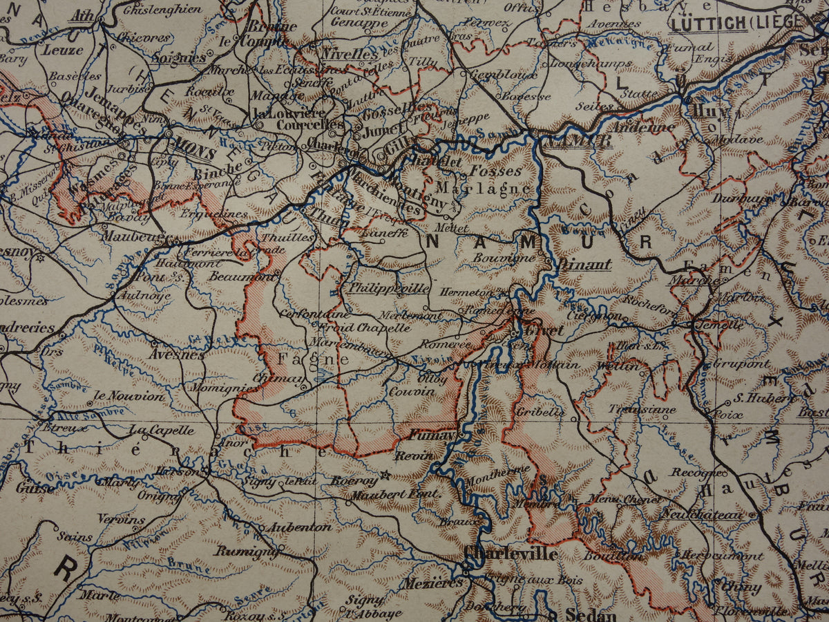 BELGIUM old map of Belgium 1893 original antique German detailed map language border