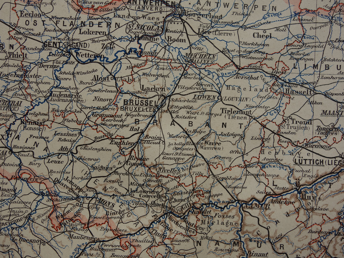 BELGIUM old map of Belgium 1893 original antique German detailed map language border