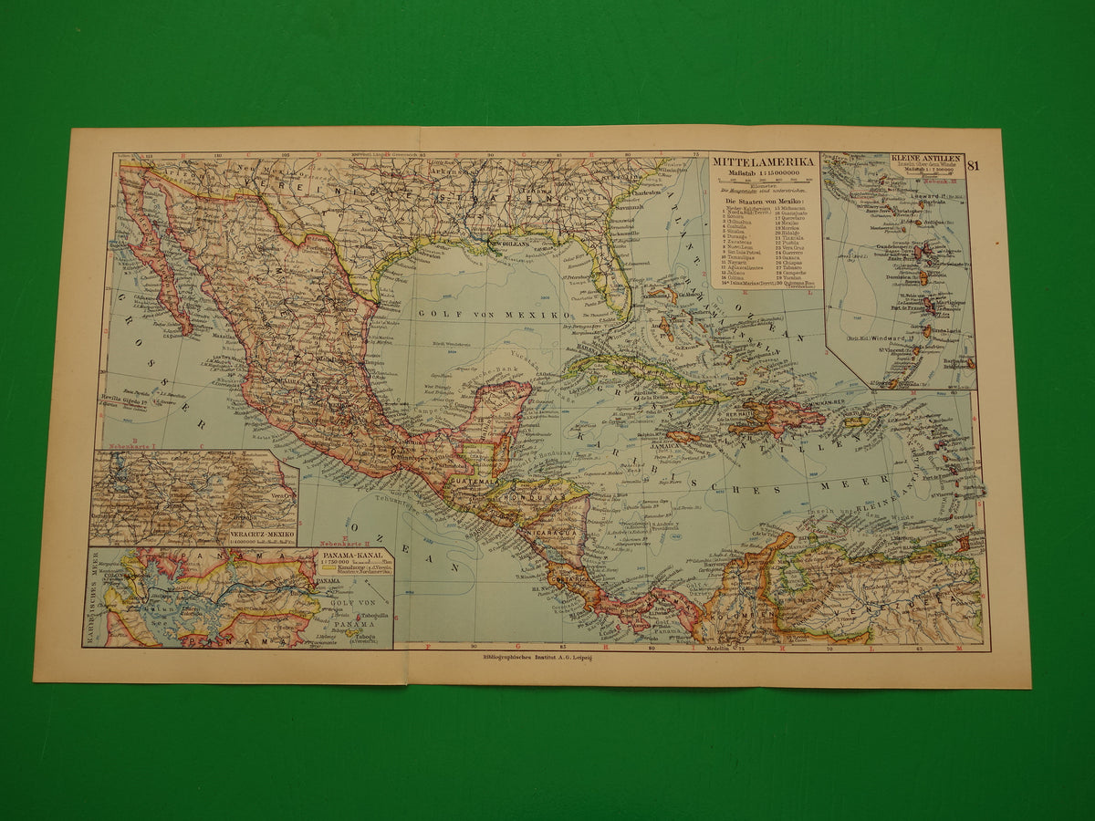 Oude landkaart van Midden-Amerika uit 1931 originele vintage kaart Mexico Panamakanaal Antillen Caribisch / Caraïbisch gebied