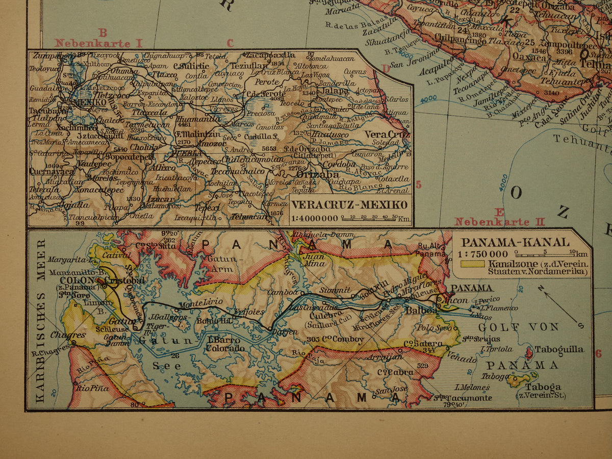Oude landkaart van Midden-Amerika uit 1931 originele vintage kaart Mexico Panamakanaal Antillen Caribisch / Caraïbisch gebied