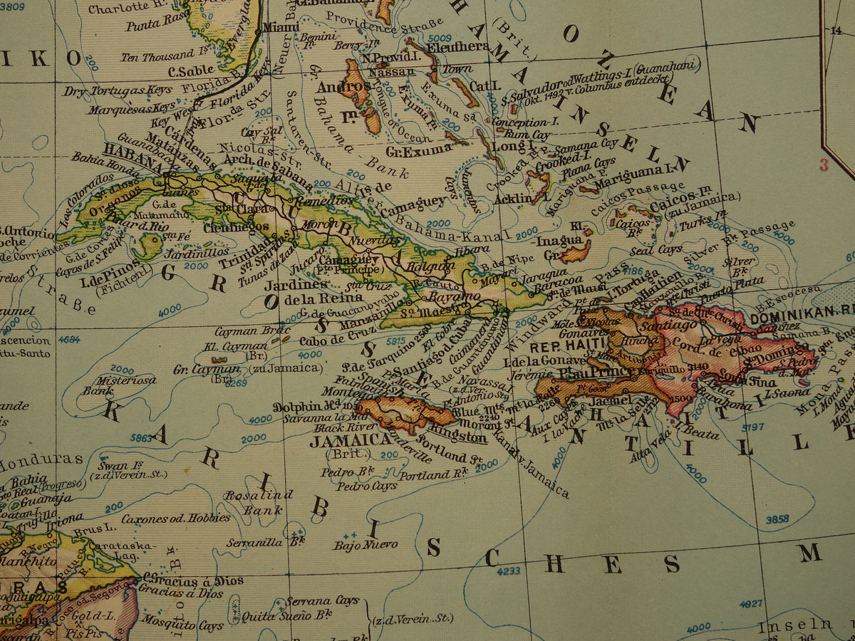 Oude landkaart van Midden-Amerika uit 1931 originele vintage kaart Mexico Panamakanaal Antillen Caribisch / Caraïbisch gebied