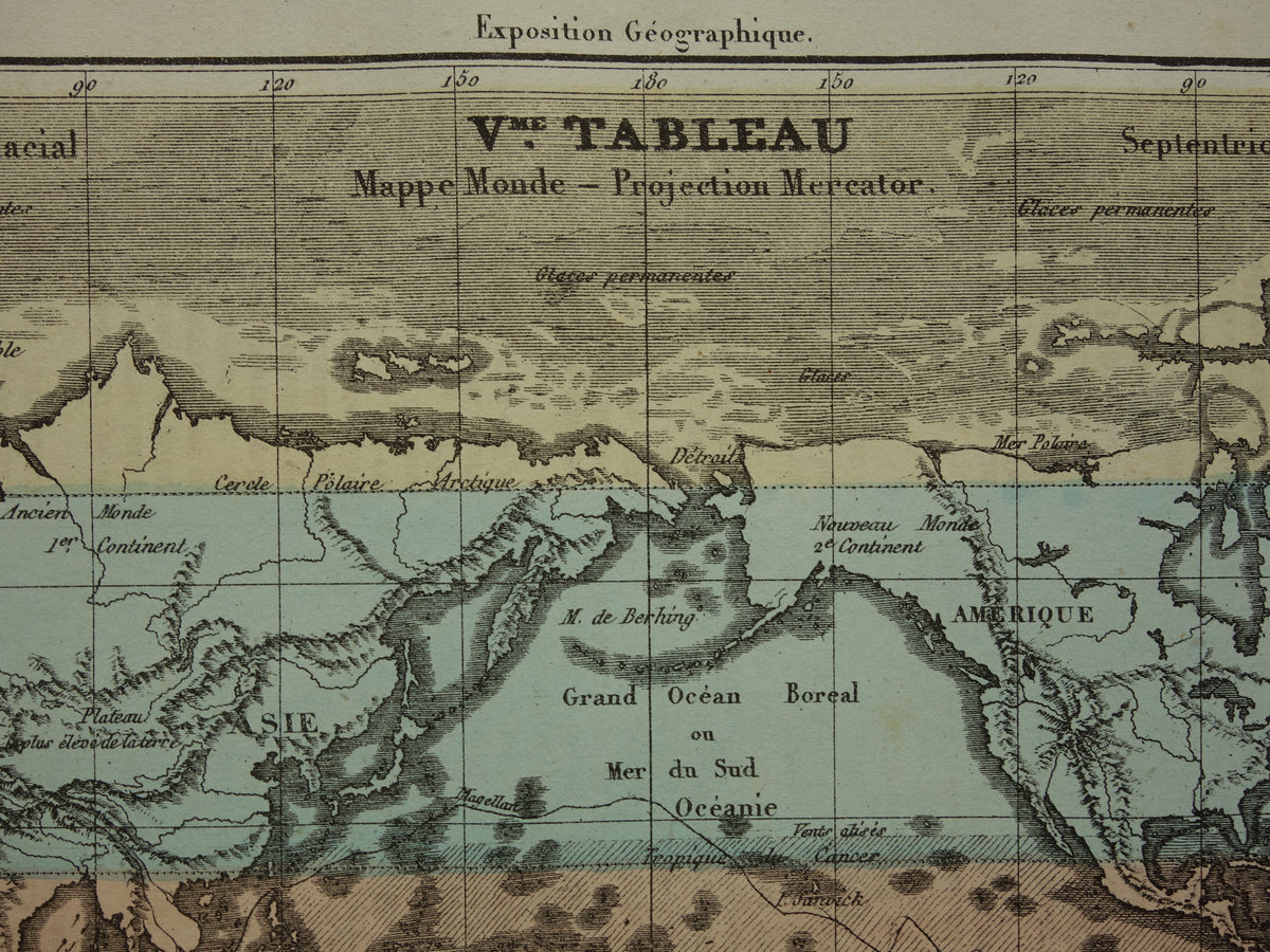 Old World Map from 1877 original antique French map of the world in Mercator projection
