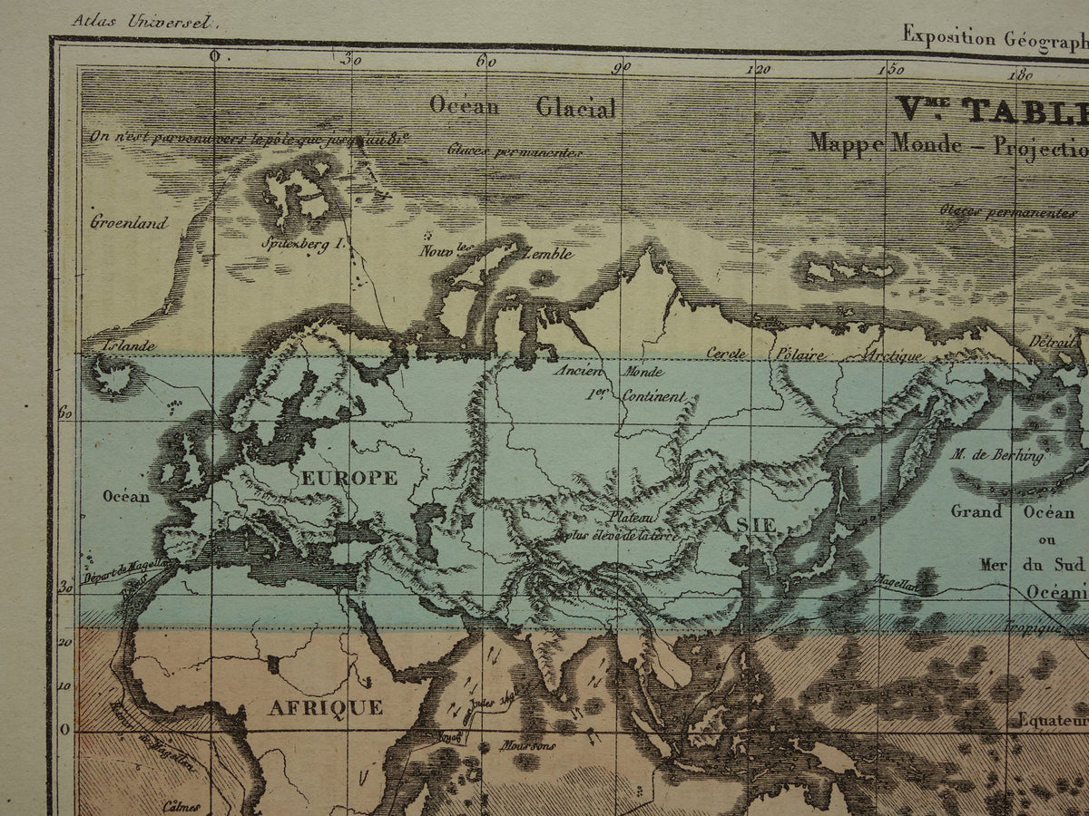 Old World Map from 1877 original antique French map of the world in Mercator projection