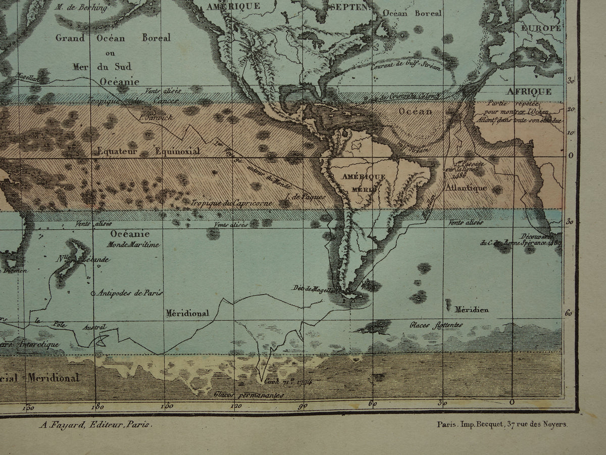 Old World Map from 1877 original antique French map of the world in Mercator projection