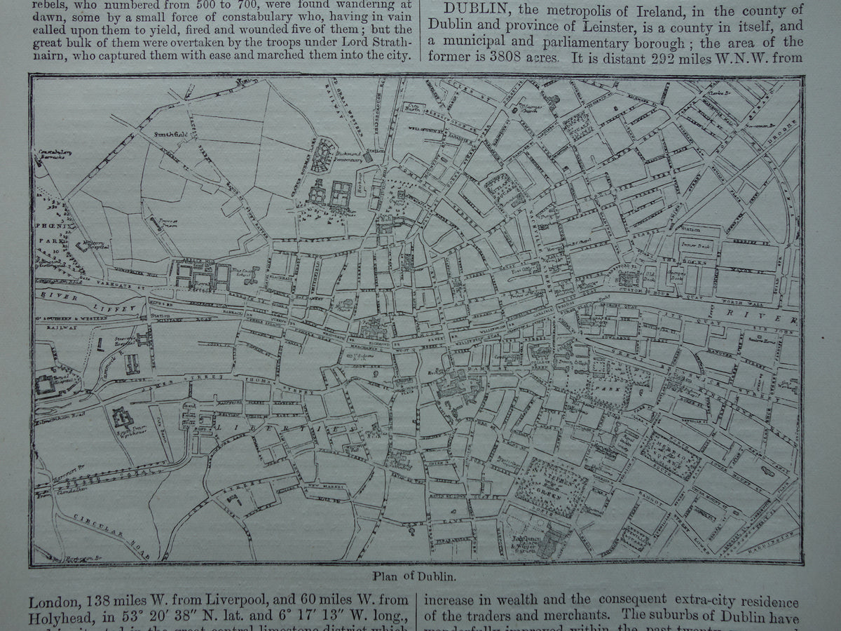 DUBLIN oude kaart van Dublin Ierland 1877 originele antieke plattegrond van Dublin