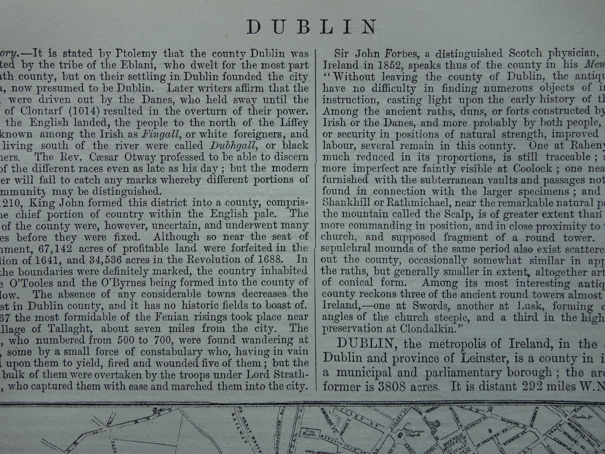 DUBLIN old map of Dublin Ireland 1877 original antique plan of Dublin