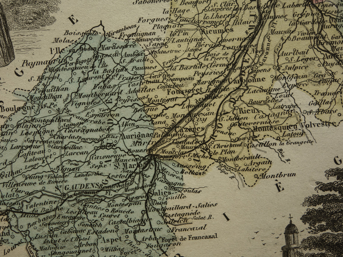 Oude kaart van Haute-Garonne departement in Frankrijk uit 1876 originele antieke handgekleurde landkaart Toulouse Colomiers Muret