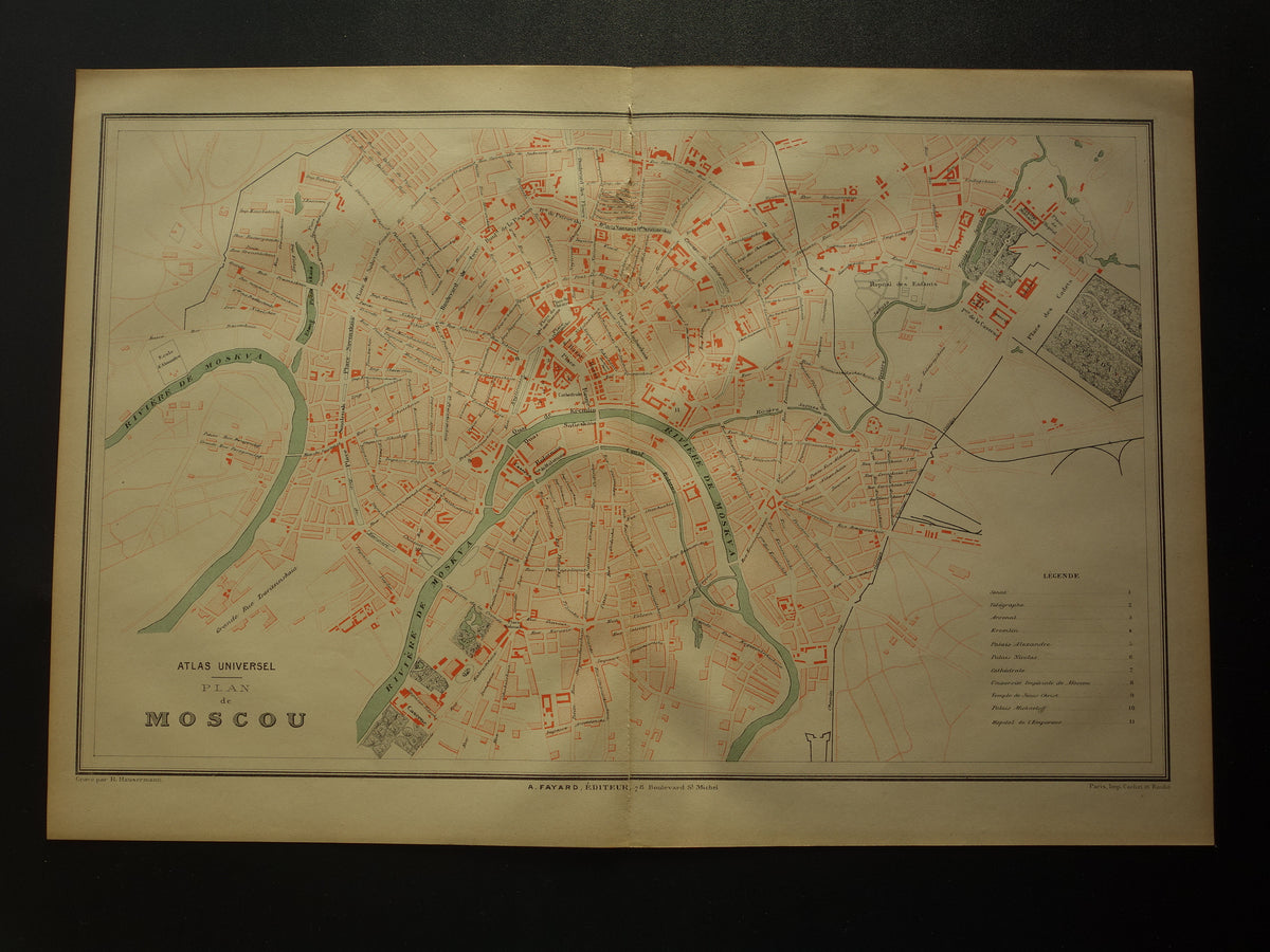 MOSKOU Oude kaart van Moskou Rusland uit 1879 - beschadigd - originele historische plattegrond antieke kaarten