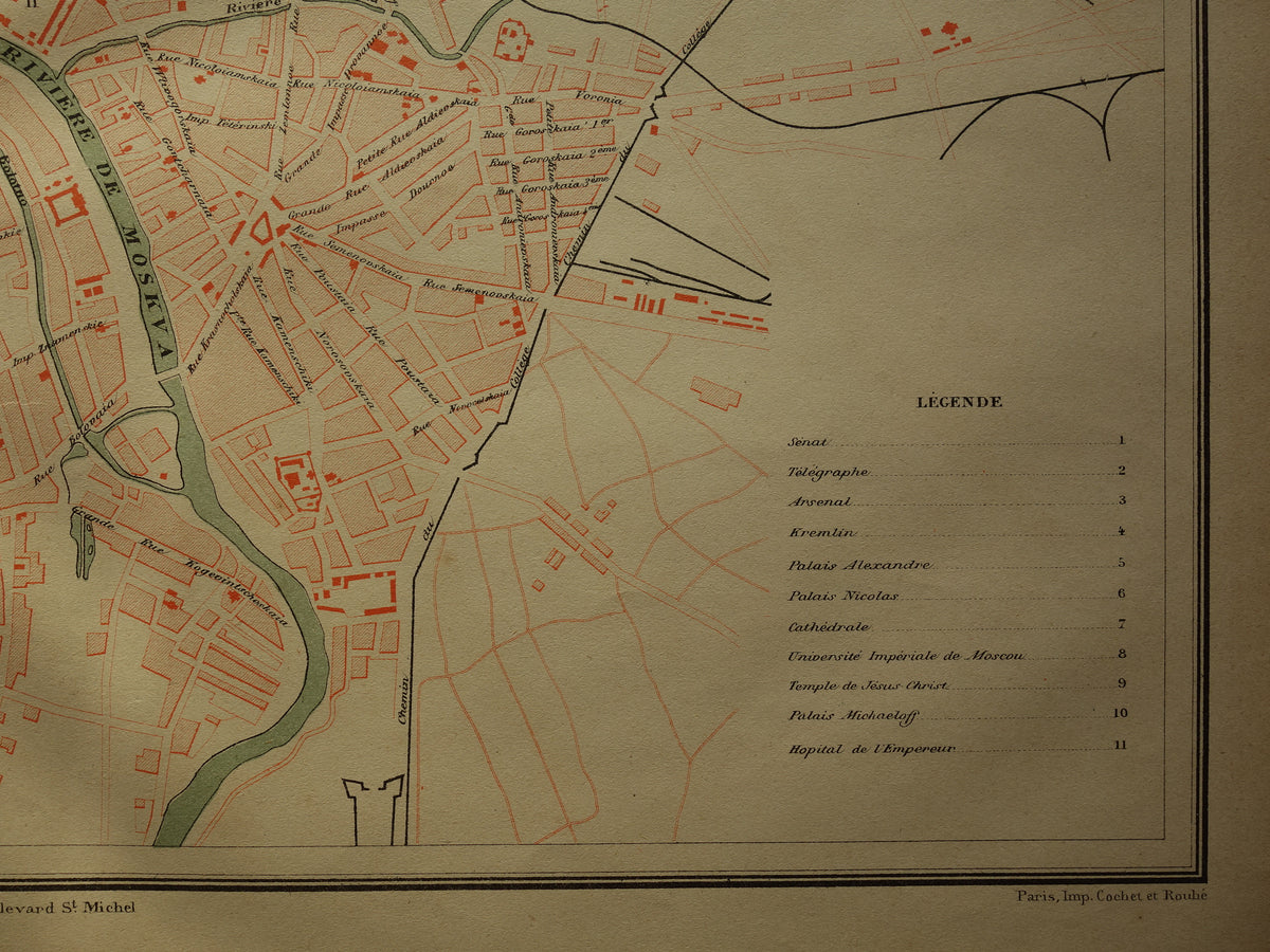 MOSKOU Oude kaart van Moskou Rusland uit 1879 - beschadigd - originele historische plattegrond antieke kaarten