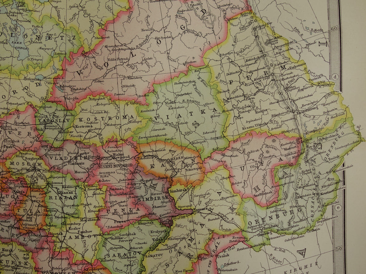 RUSLAND oude kaart van Europees Rusland in 1890 originele antieke Engelse landkaart van Rusland poster