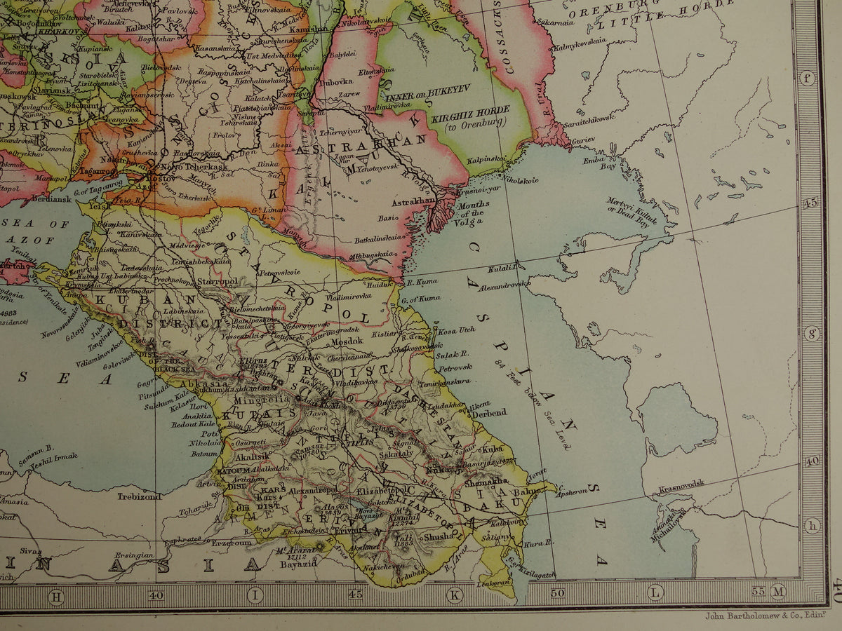 RUSLAND oude kaart van Europees Rusland in 1890 originele antieke Engelse landkaart van Rusland poster