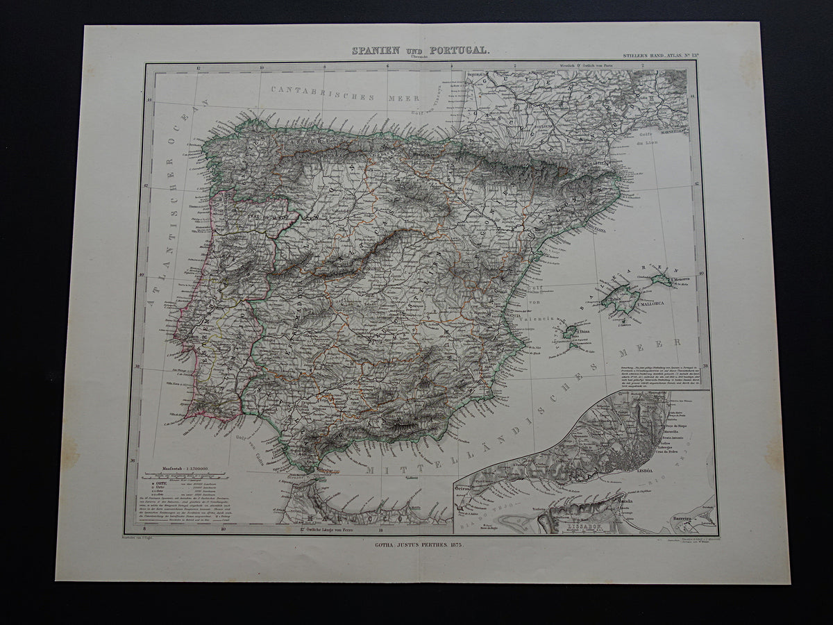 Oude kaart van Spanje en Portugal uit1875 originele antieke landkaart Lissabon - vintage kaarten met datum