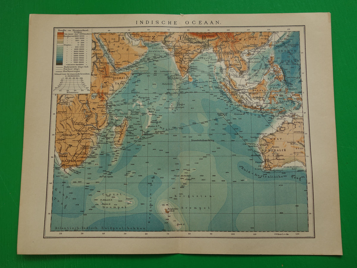 Oude kaart van de Indische Oceaan Originele 110+ jaar oude antieke Nederlandse landkaart zeekaart