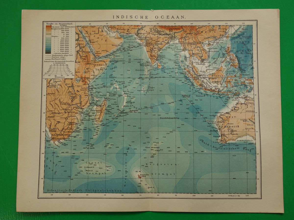 Oude kaart van de Indische Oceaan Originele 110+ jaar oude antieke Nederlandse landkaart zeekaart