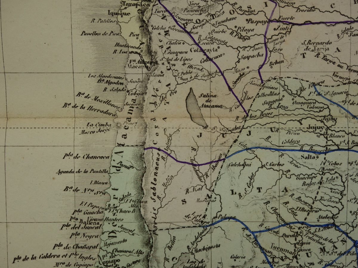 Peru Chili Bolivia oude kaart van Zuid-Amerika uit 1876 Originele antieke grote landkaart vintage poster Argentinië
