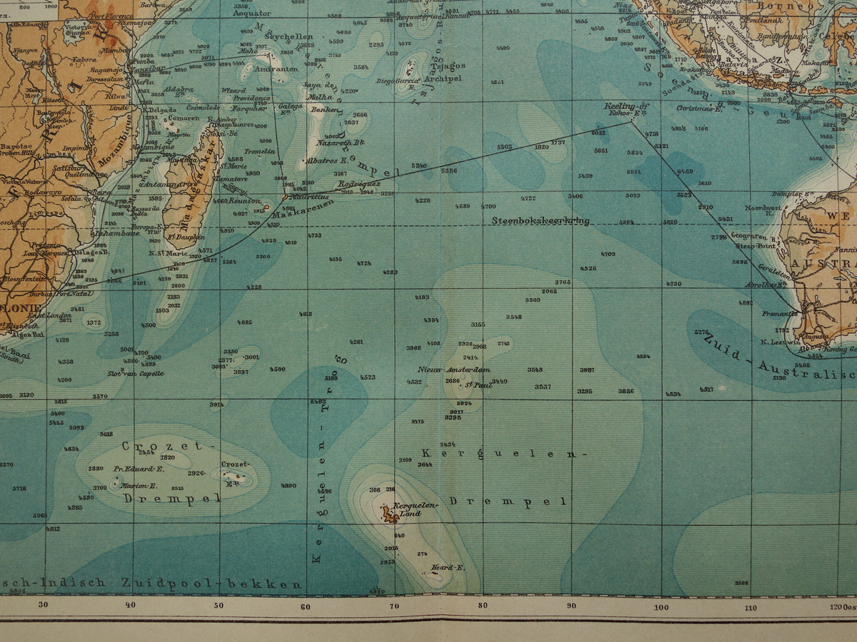Oude kaart van de Indische Oceaan Originele 110+ jaar oude antieke Nederlandse landkaart zeekaart