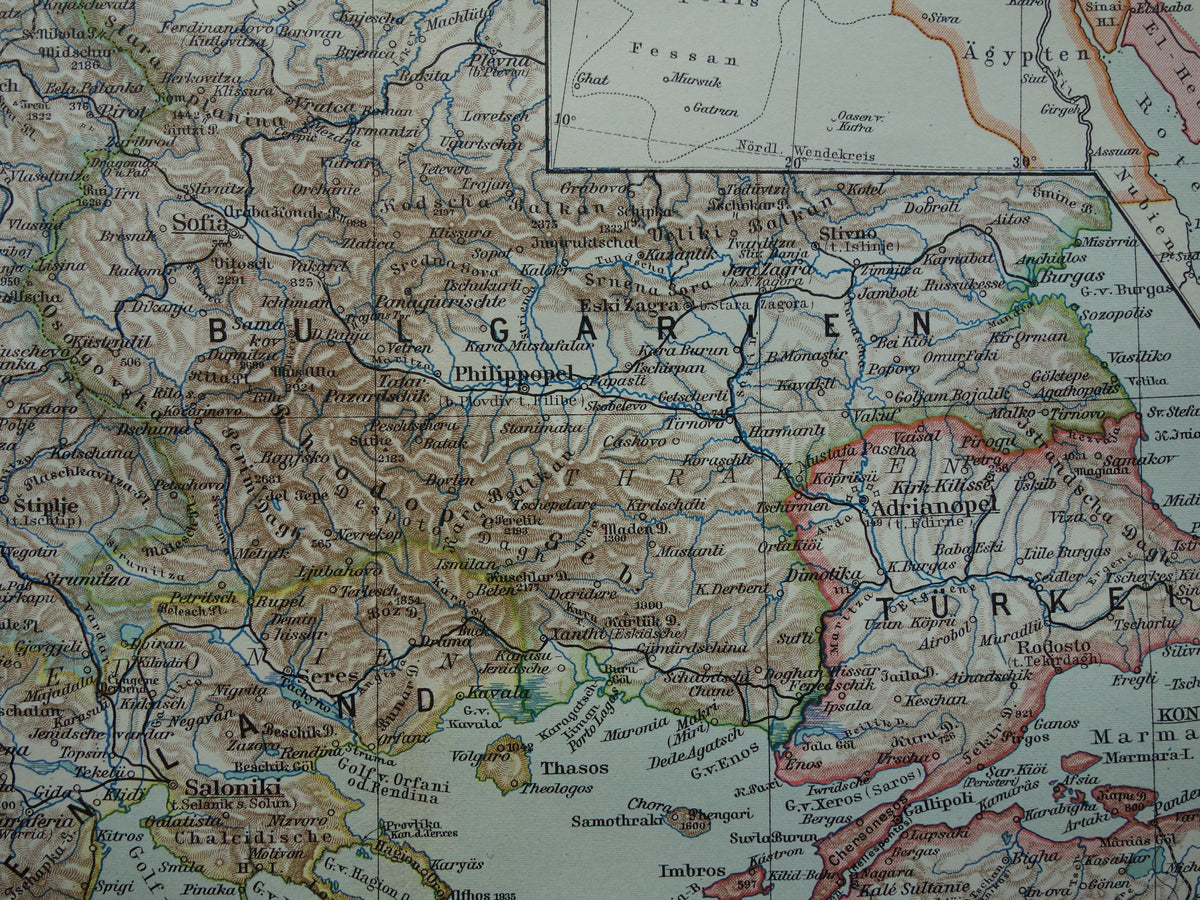 Servië en Albanië oude kaart van de Balkan 1913 originele antieke Duitse landkaart van het Turkse Rijk