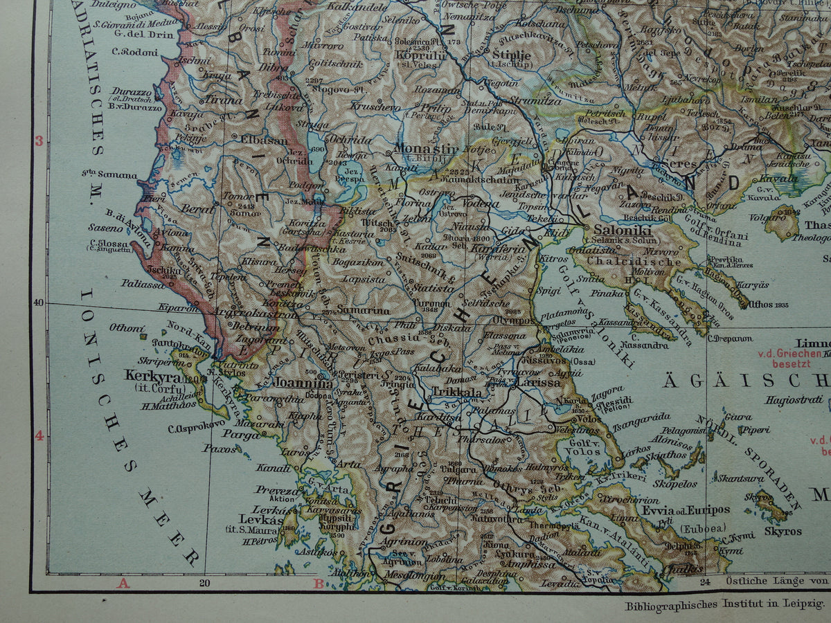 Servië en Albanië oude kaart van de Balkan 1913 originele antieke Duitse landkaart van het Turkse Rijk