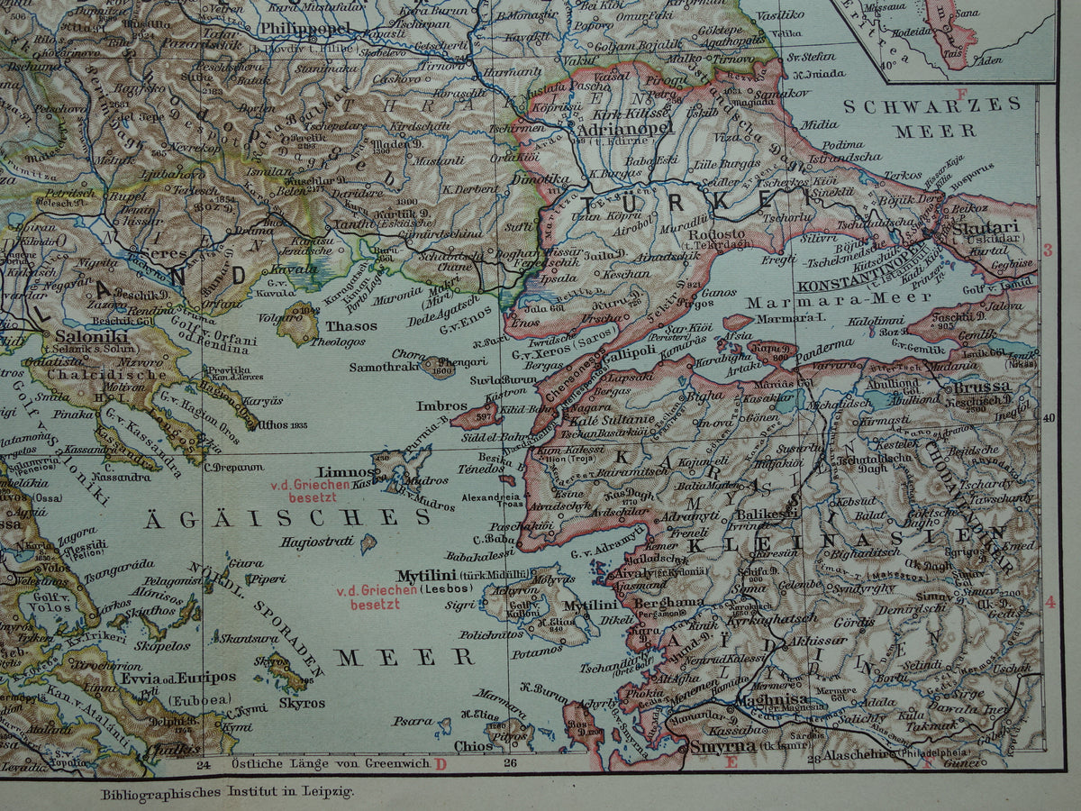 Servië en Albanië oude kaart van de Balkan 1913 originele antieke Duitse landkaart van het Turkse Rijk